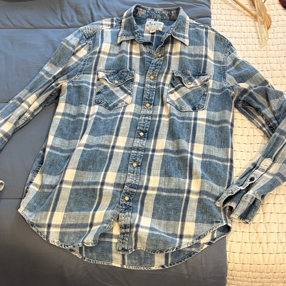 Lucky brand Blue and White Plaid snap Button-Up Shirt western
